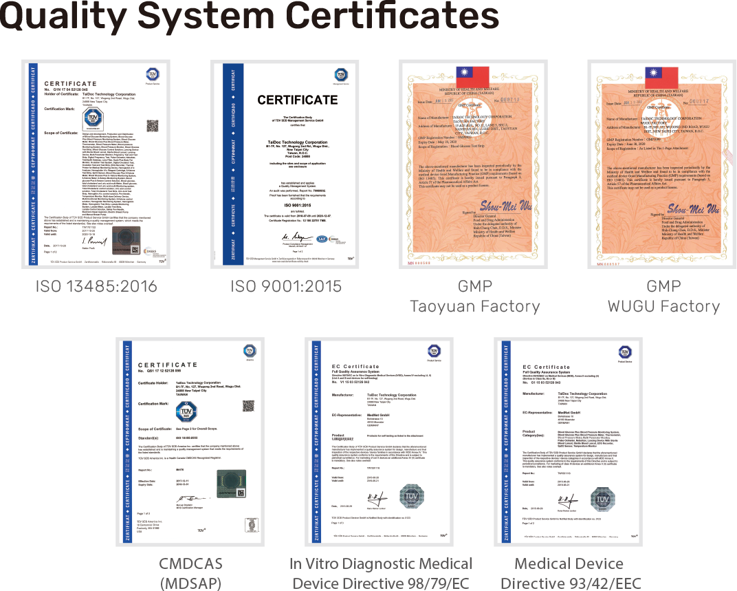 As a declaration of our commitment to quality, URiGHT has implemented the Total Quality Control System throughout the company, and established Quality System Control Center, which is world class quality assured by ISO 9001: 2015, medical standard ISO 13485: 2016, Taiwan QMS, MDSAP (USA, Canada, Brazil, Australia, Japan), Medical Device Directive 93/42/EEC, （EU）2017/745 Medical Device Regulation and In Vitro Diagnostic Medical Device Directive 98/79/EC